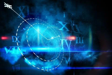 Blue glowing technology design with clock Stock Illustration