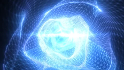 Blue glowing tunnel with dynamic grid mesh forming a twisting light vortex Stock Footage 318900980