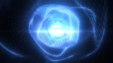 Blue glowing tunnel with dynamic grid mesh forming a twisting light vortex Stock Illustration