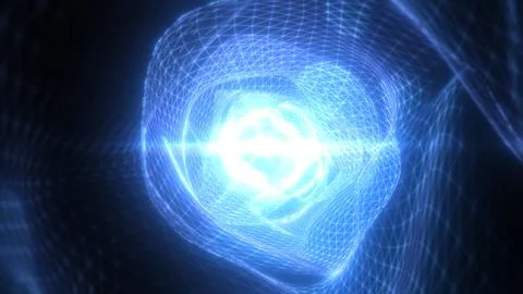 Blue glowing tunnel with dynamic grid mesh forming a twisting light vortex Stock Illustration