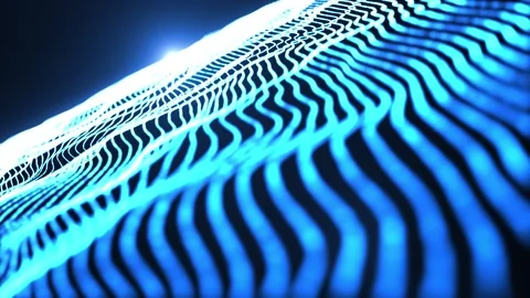 Blue glowing wave grid with flowing lines and futuristic motion, forming a dy Stock Footage 328707395