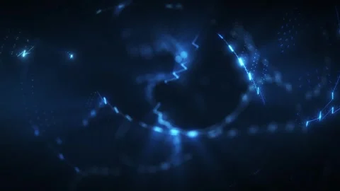 Blue glowing waveform lines with particles forming a dynamic digital signal, Stock Footage 331996817