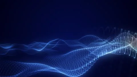 Blue glowing waveform made of particles and light trails on dark background.. Stock Illustration