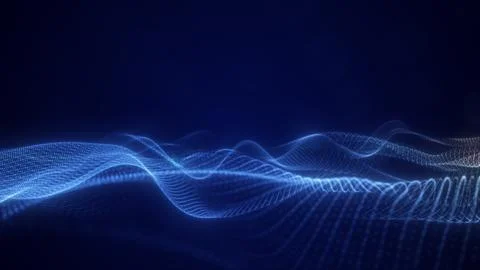 Blue glowing waveform made of particles and light trails on dark background.. Illustrazione stock