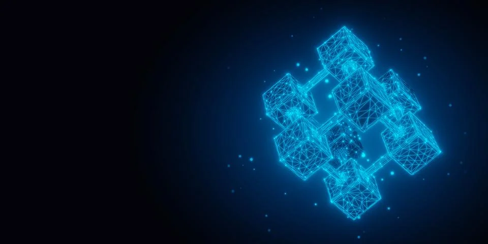 Blue glowing wireframe 2x2x2 cube on dark black background with copy space,.. Stock Illustration