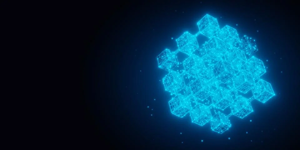 Blue glowing wireframe 3x3x3 cube on dark black background with copy space,.. Stock-Illustration