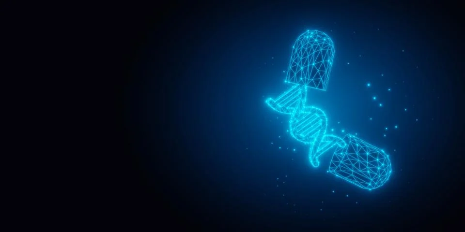 Blue glowing wireframe DNA abstract model from open pill on black backgroun.. Stock Illustration