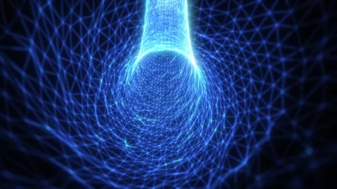 Blue glowing wireframe funnel with connected nodes and triangular mesh, cre.. Stock Footage 329495648