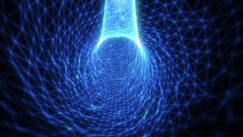 Blue glowing wireframe funnel with connected nodes and triangular mesh, cre.. Illustrazione stock