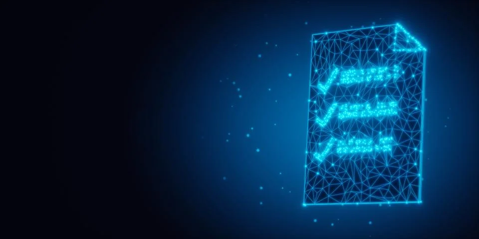 Blue glowing wireframe low-poly digital document on dark background, inform.. Stock Illustration