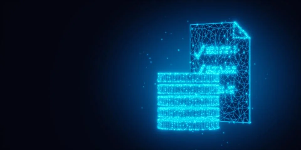 Blue glowing wireframe low-poly digital document and abstract data storage .. Ilustración de archivo