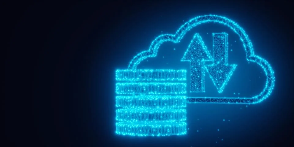 Blue glowing wireframe low-poly cloud and abstract data storage symbol on d.. Stock Illustration
