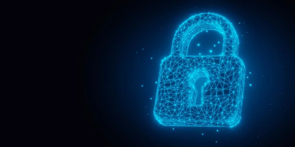 Blue glowing wireframe padlock symbol on black background with copy space, .. Stock Illustration