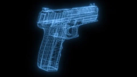 Blue glowing wireframe pistol virtual reality weapon Stock Footage 340177213