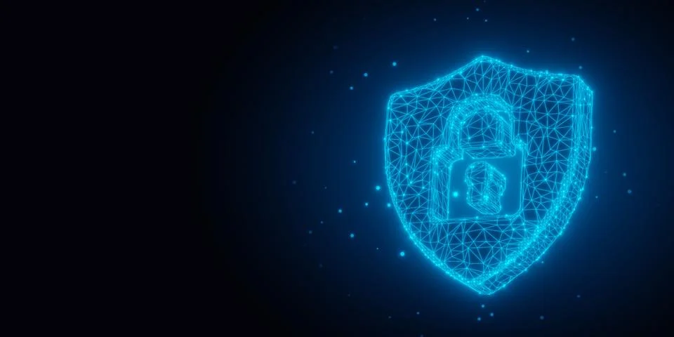 Blue glowing wireframe protection shield with cutout padlock symbol on blac.. Stock Illustration