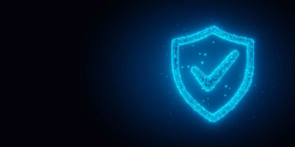 Blue glowing wireframe protection shield outline with checkmark on dark bla.. Stock Illustration