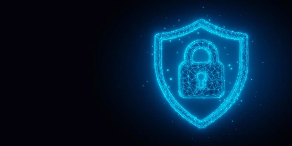 Blue glowing wireframe protection shield outline with padlock symbol on bla.. Stock Illustration
