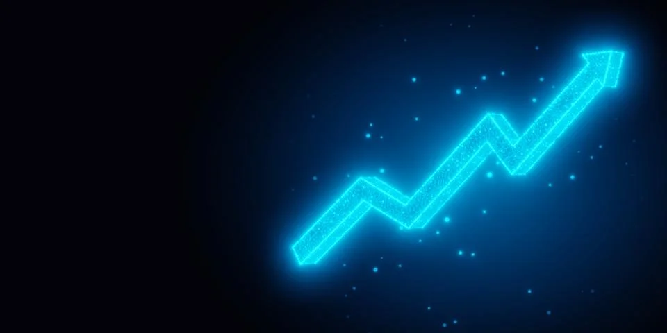 Blue glowing wireframe rising arrow on dark black background with copy spac.. Stock Illustration