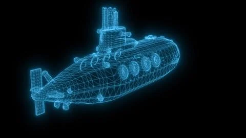 Blue glowing wireframe submarine displaying digital technology concept Stock Illustration