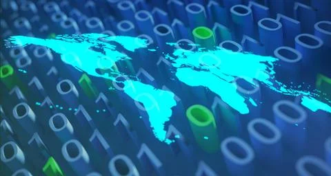 Blue Glowing World Map On Binary Background.3D Rendering 스톡 일러스트