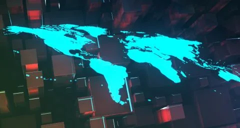 Blue Glowing World Map On Cubes Background.3D Rendering 스톡 일러스트