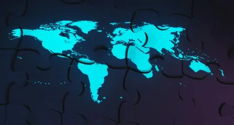 Blue Glowing World Map On Puzzle Background.3D Rendering 스톡 일러스트