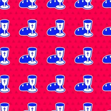 Blue Goblet and bread icon isolated seamless pattern on red background. Bread Illustrazione stock