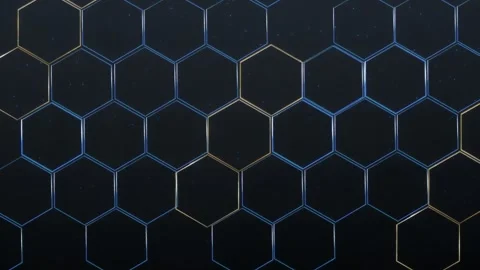 Blue gold hex pattern visual with glowing polygon outlines, dark clean space, an Stock Footage 340550249