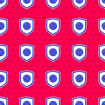 Blue Golf ball with shield icon isolated seamless pattern on red background Stock Illustration