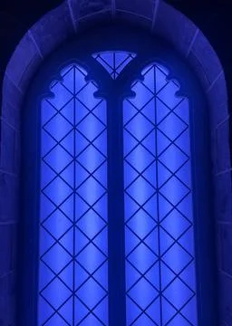 Blue Gothic Window With Glowing Light in Dark Medieval Stone Interior Stock-Fotos