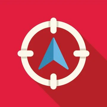 Blue gps arrow pointing inside white compass on red background Stock Illustration