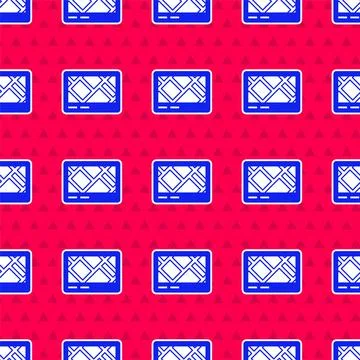 Blue Gps device with map icon isolated seamless pattern on red background.  V Illustrazione stock