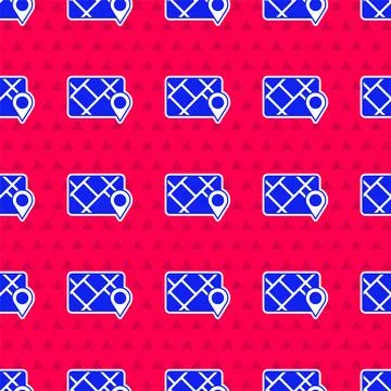Blue Gps device with map icon isolated seamless pattern on red background Stock Illustration