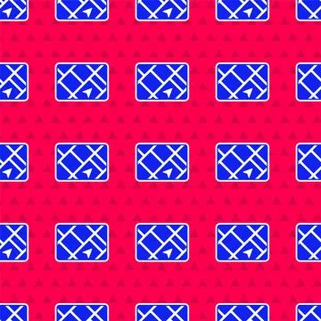 Blue Gps device with map icon isolated seamless pattern on red background Stock Illustration