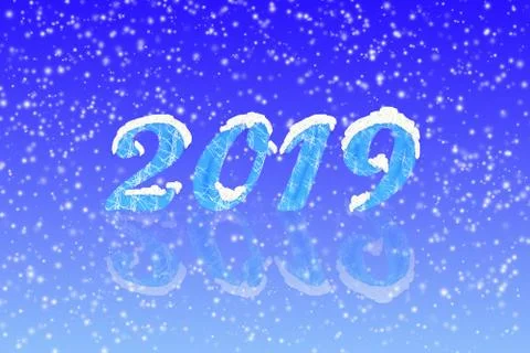Blue gradient background with number 2019, reflection and snow Stock Illustration