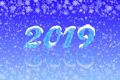 Blue gradient background with number 2019, reflection and snow Illustrazione stock