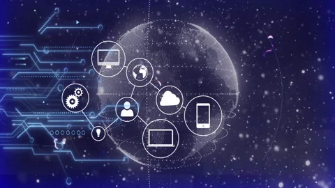 Blue gradient emerging dotted globe linking cloud gear user and device icons Stock Footage 313308011