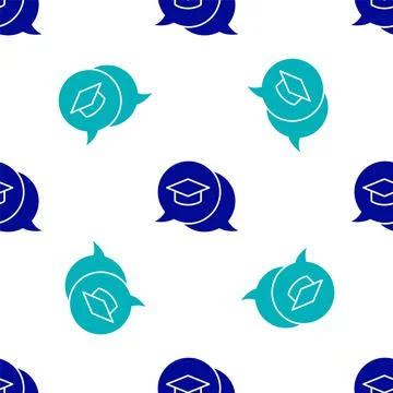 Blue Graduation cap in speech bubble icon isolated seamless pattern on white Illustrazione stock