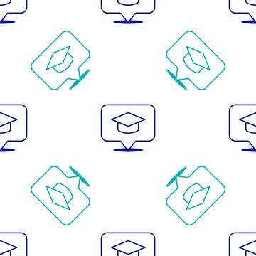 Blue Graduation cap in speech bubble icon isolated seamless pattern on white Illustrazione stock