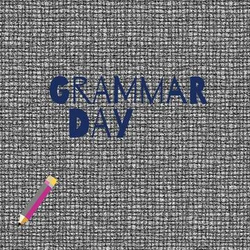 Blue grammar day text banner and pencil icon against textured grey background Stock Photos