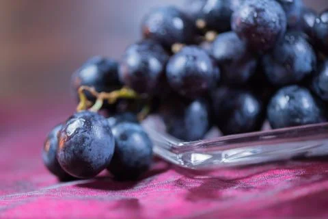 Blue grapes on the table. View with copy space Stock Photos