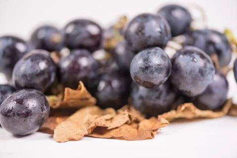 Blue grapes on the table. View with copy space Stockfoto's
