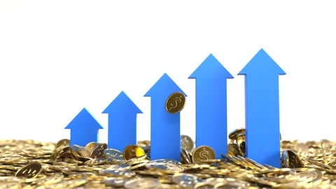 Blue graph bars rise from the pile of gold coins, Business concept Stock Footage 244969336