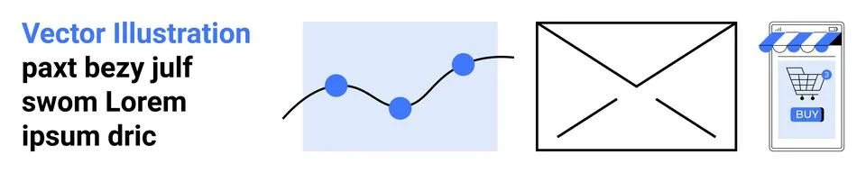 Blue graph with data points, simple email envelope, and web shopping cart ico Stock Illustration