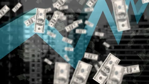 Blue graph moving and american dollars falling against tall buildings in 스톡 동영상 153159479