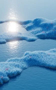 Blue grassland with lakes, 3d rendering. Stock Illustration