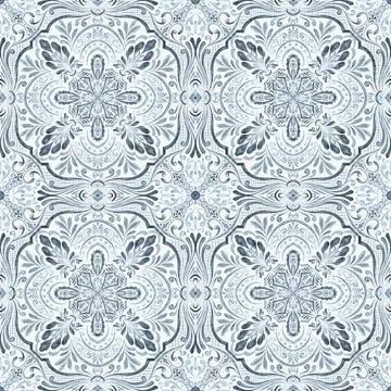 Blue Gray Azulejo Tile Pattern with Woven Texture. Portuguese inspired seamless Stock Illustration
