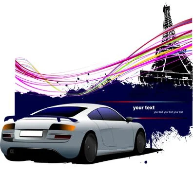 Blue-gray  car with Paris Eiffel tower image background. Vector illustration Illustrazione stock