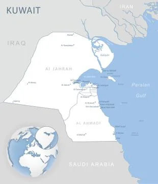 Blue-gray detailed map of Kuwait administrative divisions and location on the Illustrazione stock