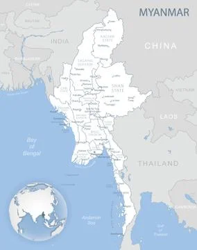 Blue-gray detailed map of Myanmar administrative divisions and location on the Stock Illustration